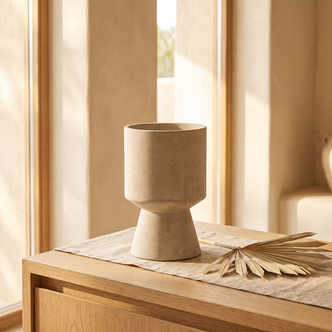 Florero vaso liso cemento — en ambiente decorado · Soléa